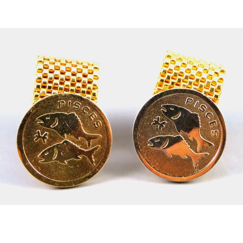 VTG GOLD TONE CUFFLINKS Optional Mesh Wrap Around ZODIAC PISCES FISH SIGN Retro!